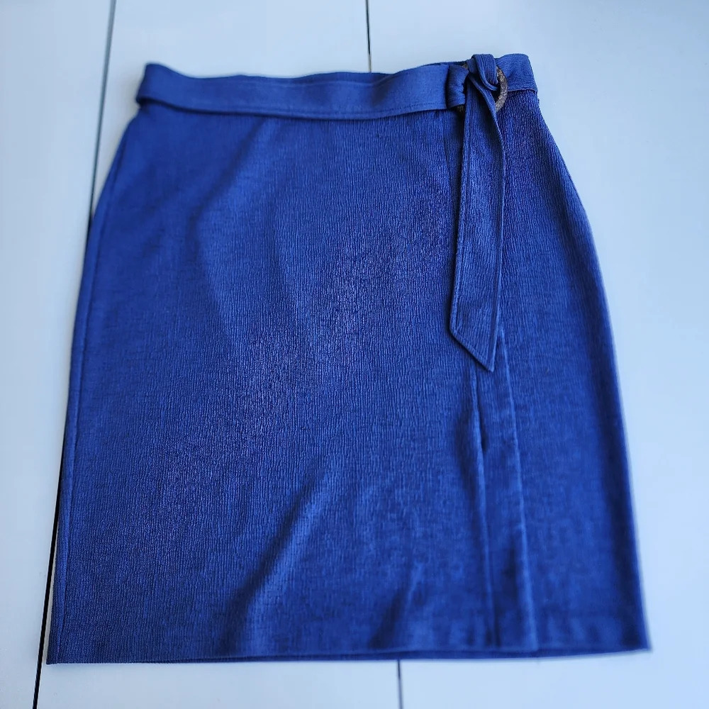 NYCC Blue Textures Stretch Faux Wrap Tie Belt Pencil Knee Length Skirt Elastic L
